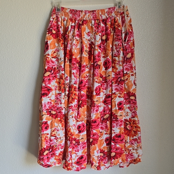 Pink and Red Smocked A-Line Midi Skirt - Picture 3 of 9